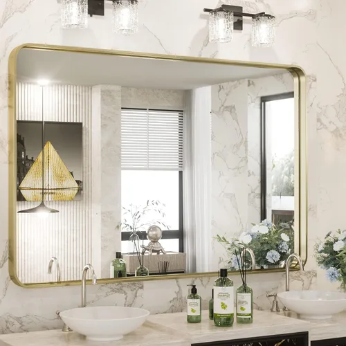 Vista 50 de TokeShimi Espejo de pared de baño de níquel cepillado de 20 x 30 pulgadas, marco de metal, esquina redonda, rectangular, para decoración del hogar