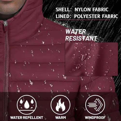 Vista 3 de TACVASEN Chaqueta acolchada con capucha para hombre, impermeable, impermeable, con aislamiento, ligera, cortavientos, acolchada
