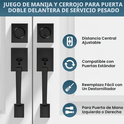 Vista 6 de TICONN Juego de manijas para puerta delantera doble, palanca de puerta cuadrada de servicio pesado y combo de cerrojo de cilindro único para puertas