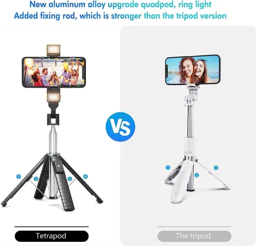 Vista 6 de Trípode Cuadrápode para Palo de Selfie de 41" con 2 Luces de Relleno Recargables, Trípode Extensible con Control Remoto Bluetooth, Acero Inoxidable