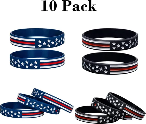 Vista 4 de COYOUCO Paquete de 10 pulseras con la bandera estadounidense, fina línea roja, de goma de silicona, para americanismo, patriótico, vacaciones