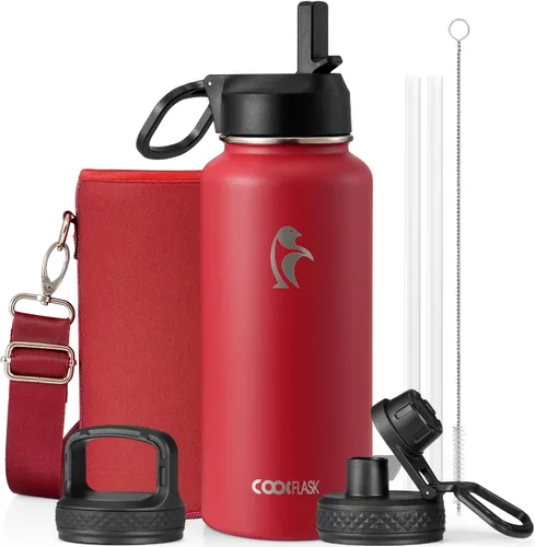 Vista 106 de Coolflask Botella de agua de 24 onzas aislada con pajilla, 3 tapas de metal de acero inoxidable, botella de agua de boca ancha para deportes u