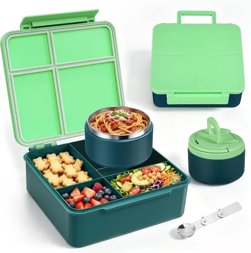 Vista 11 de MAXSO Set de Lonchera Bento para Niños con Termo de Sopa de 8 oz, Envase para Comida Caliente a Prueba de Fugas con 4 Compartimentos, Tarro