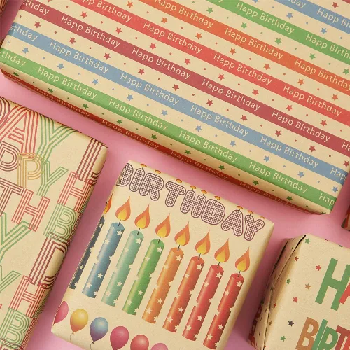 Vista 4 de Papel de regalo colorido de estraza para hombres, mujeres, niños, niñas, niños, 4 hojas en 4 diseños plegados planos de 20 x 28 pulgadas por hoja