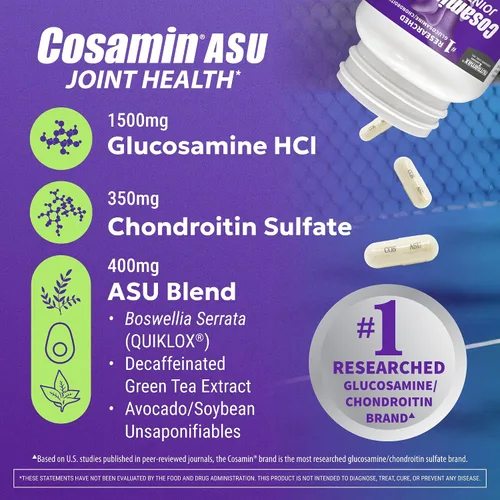 Vista 3 de Suplemento para la salud articular Cosamin Nutramax Laboratories ASU con glucosamina, condroitina y ASU para hombres y mujeres adultos, suplemento
