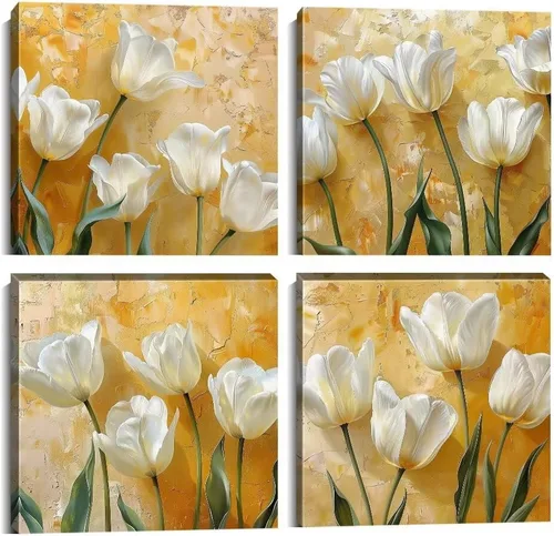 Vista 58 de Wall HDQ Arte de pared de flores para baño, dormitorio, sala de estar, decoración de pared azul y naranja, pintura floral, lienzo impreso, imagen