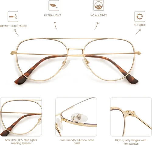 Vista 5 de Paquete de 3 lentes de lectura retro estilo aviador para hombres y mujeres, diseño cuadrado de moda, bloqueo de luz azul, para lectura
