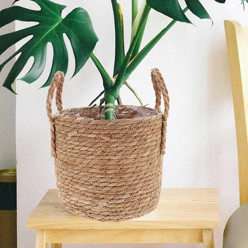 Vista 4 de Cabilock - Cesta tejida para maceta con asas, cubierta decorativa para macetas