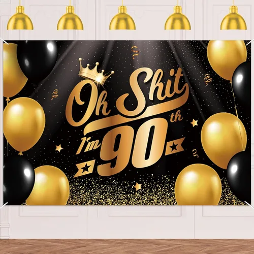 Vista 17 de Oh S*hit I'm 10th Banner telón de fondo negro dorado globos corona confeti Hallo Quince Cheers to 10 años decoración temática decoración para hombre
