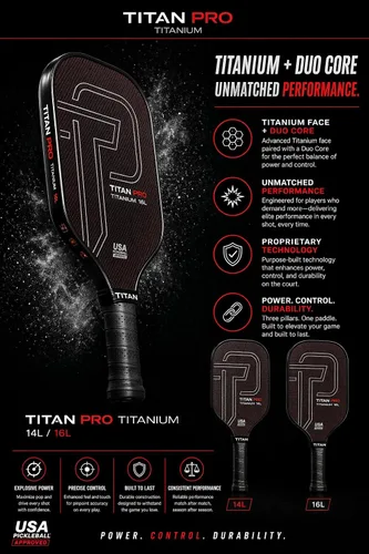 Vista 5 de Pala de pickleball Titan Pro de titanio, aprobada por USA Pickleball, opciones de 14 mm y 16 mm, núcleo revolucionario de Nomex y PP en dos capas
