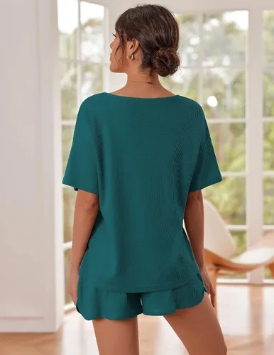 Vista 2 de Ekouaer Conjunto de pijama de punto gofre para mujer, conjunto de 2 piezas, camiseta de manga corta y pantalones cortos, conjuntos de pijama