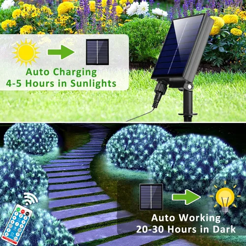 Vista 9 de Luces solares de red para exteriores, 360 luces LED USB de malla blanca fría para arbustos impermeables, 21 pies x 5 pies, 8 modos luces de cadena