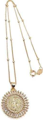 Vista 3 de LESLIE BOULES Medalla de San Benito 18K chapado en oro delicado collar de 18 pulgadas de longitud, Cristal
