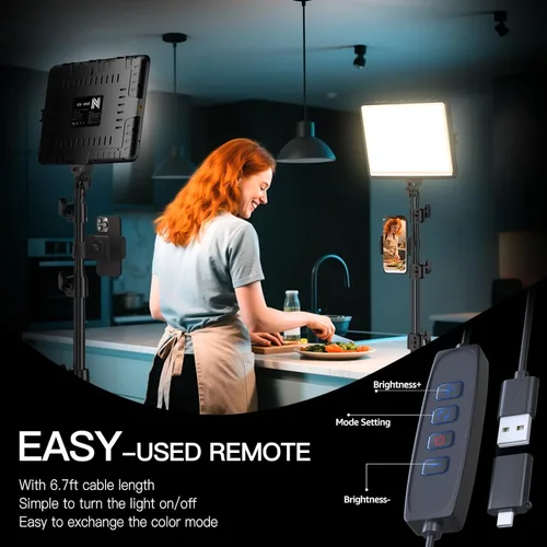 Vista 6 de Paquete de 2 luces LED de video, luz NiceVeedi Studio, kit de iluminación regulable de 2800-6500K para fotografía con soporte de trípode y soporte