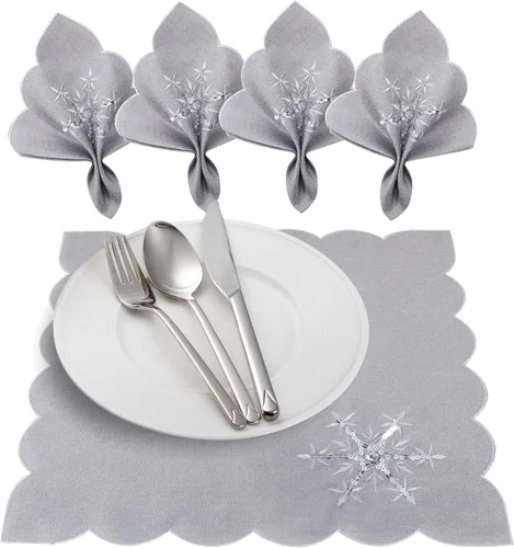 Vista 10 de OWENIE Juego de 4 manteles individuales de mesa de Navidad, manteles individuales plateados con bordado de lentejuelas, manteles individuales grises