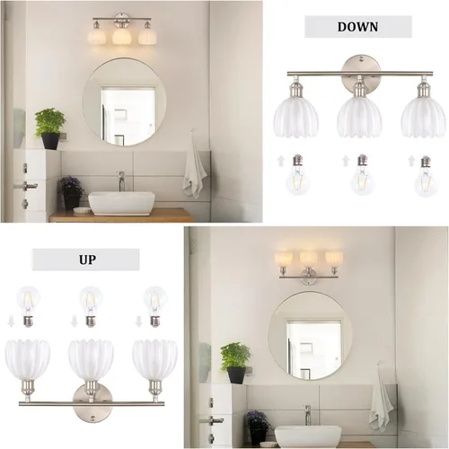 Vista 116 de Shenmoyl Lámparas de baño, lámpara de pared de 2 luces para tocador sobre espejo con pantalla de vidrio tulipán blanco para dormitorio, sala