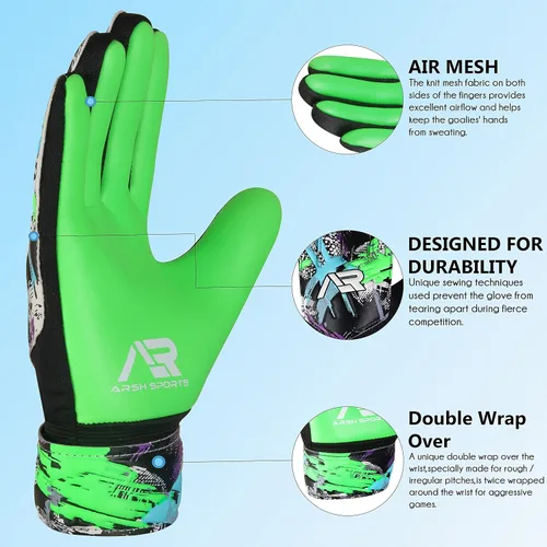 Vista 4 de Arsh - Paquete de 2 guantes de portero de fútbol, guantes de portero de fútbol para niños, jóvenes, niños, muñecas dobles