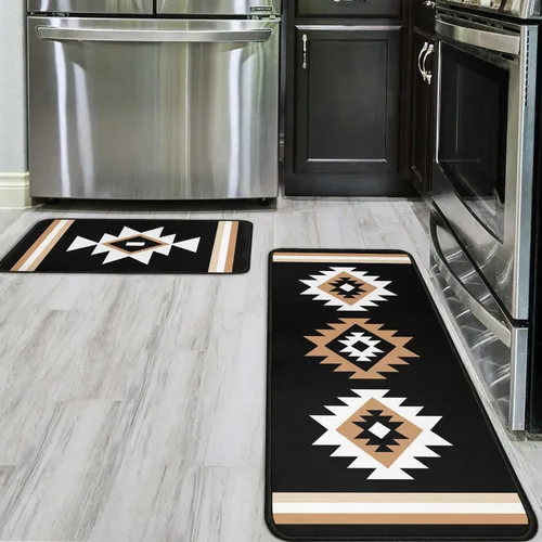 Vista 5 de Juego de 2 tapetes de cocina estilo bohemio para cocina, diseño azteca occidental, color negro, antideslizantes, lavables, para el suelo, 2 piezas