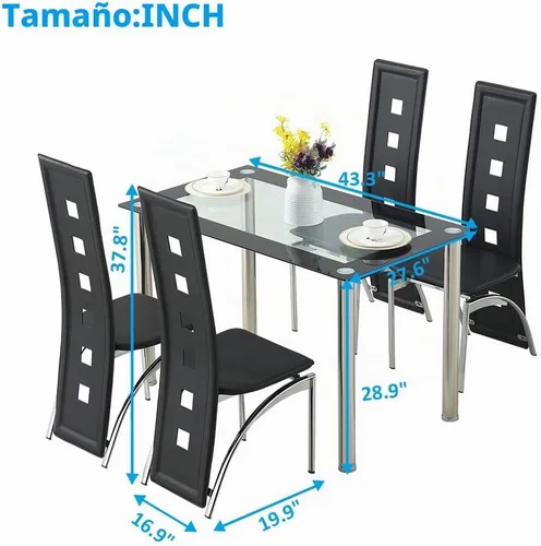 Vista 6 de Juego de mesa de comedor de 5 piezas, moderno juego de mesa de comedor negro para 4, mesa de comedor de cocina de vidrio templado con 4 sillas