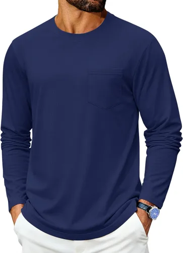 Vista 18 de Cotrasen Camisetas de manga larga para hombre de algodón con cuello redondo, camisetas T con bolsillo que absorben la humedad, suaves, cómodas