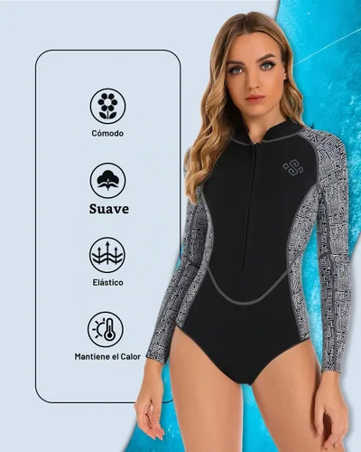 Vista 4 de Seaskin Traje de neopreno de una pieza de manga larga para mujer, corto 2mm Negro