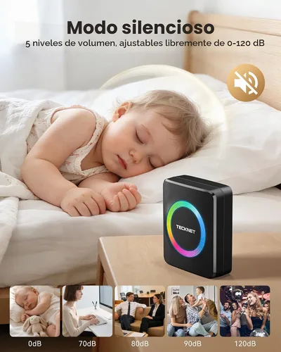 Vista 6 de TECKNET Timbre inalámbrico, timbre de puerta de 0 a 120 dB, rango de batería de 1300 pies, timbres de aula IP66 impermeables, 60 campanadas y 5