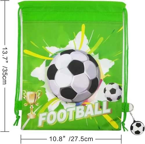 Vista 4 de Paquete de 12 bolsas de regalos de fiesta de cumpleaños con cordón de fútbol, bolsa de suministros de fiesta temática deportiva, paquete de regalo