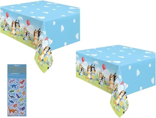 Vista 3 de Unique El paquete de suministros para fiesta de cumpleaños de Bluey incluye 2 manteles de plástico y 1 hoja de calcomanías de dinosaurio