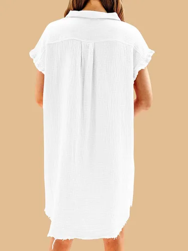 Vista 2 de Paintcolors Camisa de algodón con botones para mujer, de manga corta, túnica de gran tamaño, con bolsillos