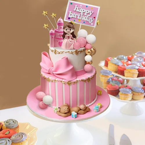 Vista 3 de 26 piezas de decoración de pastel de castillo de princesa para niña, decoración de pastel de princesa, tarjetas de inserción de feliz cumpleaños