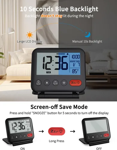 Vista 4 de NOKLEAD Reloj despertador digital de viaje para dormitorio y oficina: pequeño reloj de escritorio LCD con luz de fondo, fecha, temperatura