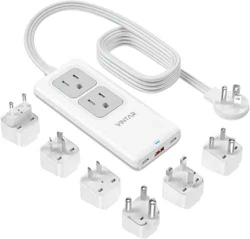 Vista 7 de Adaptador de enchufe de viaje europeo, adaptador de viaje universal VINTAR con cable de extensión de 5 pies, 2 salidas y 3 puertos USB, enchufe tipo