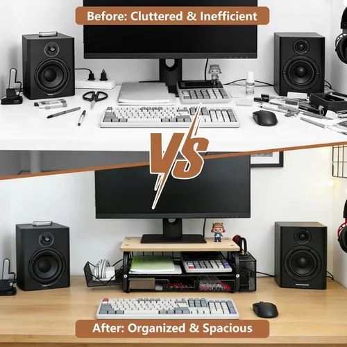 Vista 2 de Organizador de escritorio y accesorios para monitor, soporte para monitor con cajón (cajones de 2 niveles) con estante de almacenamiento lateral