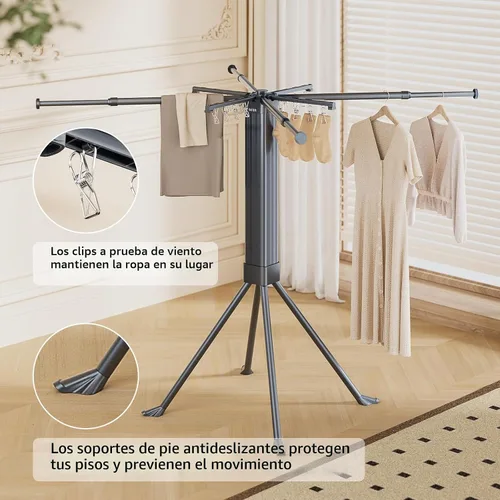 Vista 2 de BIREN Tendedero de Ropa Plegable Extensible Tendedero de Lavandería con 16 Clips Tendedero de Ropa Plegable que Ahorra Espacio para Colgar Ropa