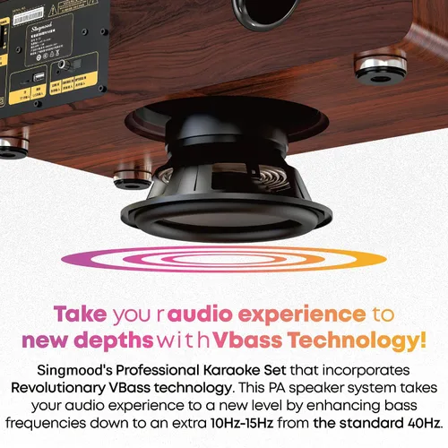 Vista 6 de Máquina de karaoke con 2 micrófonos UHF, subwoofer, barra de sonido de audio para cine en casa, compatible con óptico/Bluetooth/AUX/USB/PC, máquina