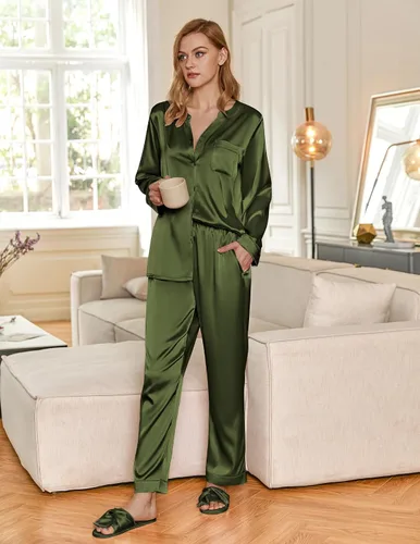 Vista 4 de Ekouaer Conjunto de pijama de satén para mujer, ropa de dormir de manga larga con botones y bolsillos