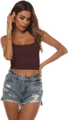 Vista 99 de Amilia - Camiseta básica de tirantes delgados para mujer (doble capa)