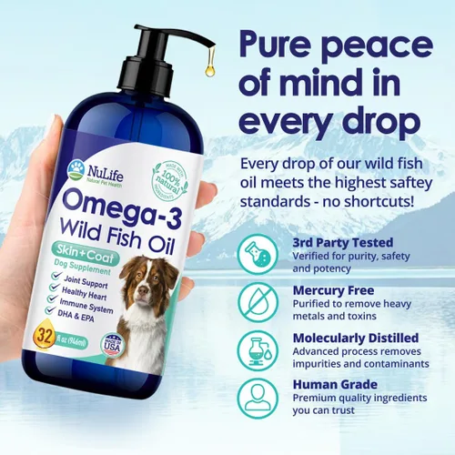 Vista 6 de Aceite de pescado líquido para perros con ácidos grasos Omega 3, 6 y 9, capturado en el medio silvestre de Islandia, suplemento para la piel