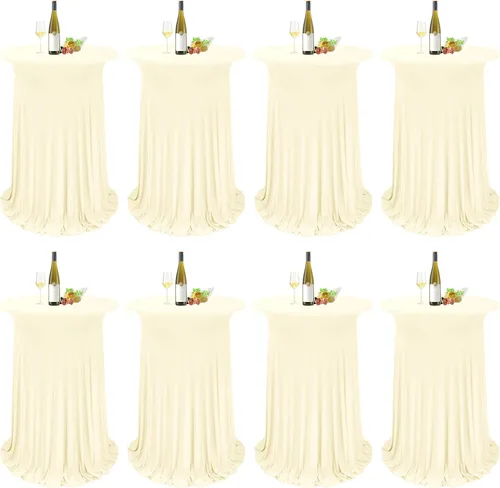 Vista 19 de Paquete de 4 manteles redondos para mesa de cóctel, de 32 x 43 pulgadas, de elastano, con cortinas onduladas, color beige, para mesa de boda, bar