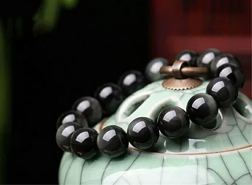 Vista 2 de Muko Gemstone - Pulsera de cuentas redondas de obsidiana negra natural de 0.630in, AAAAA