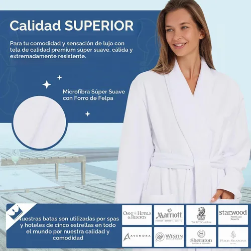 Vista 3 de Bata monarca/ciprés unisex de tejido suave y microfibra, color blanco
