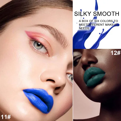 Vista 4 de evpct Juego de 6 labiales líquidos mate en colores oscuros negro, azul, verde, púrpura, rosa y rojo para mujeres, juego de maquillaje de tinte
