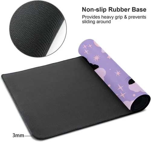 Vista 5 de Alfombrilla de mouse para juegos de gatos negros, larga y extendida, XL, color morado, grande, con bordes cosidos, 29.5 x 15.8 pulgadas
