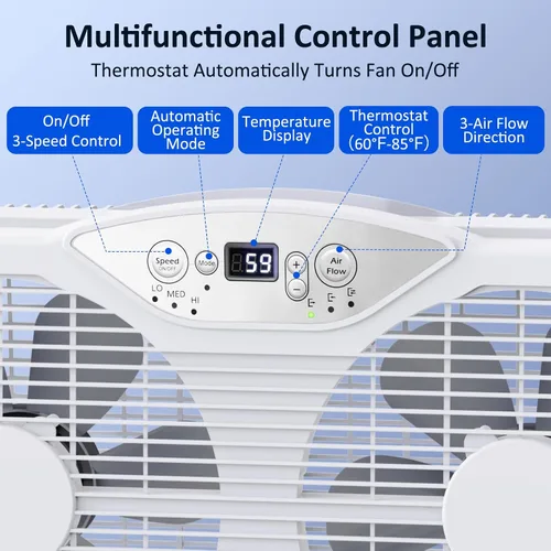 Vista 6 de shinic Ventilador de ventana doble, flujo de aire reversible de aspas de 9 pulgadas, control de termostato, 3 velocidades, 3 funciones, ancho