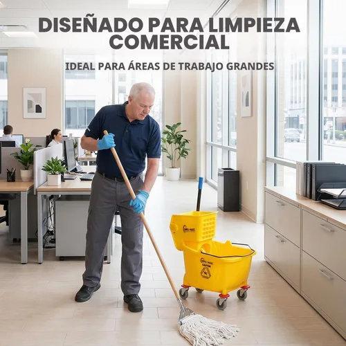 Vista 2 de SIMPLI-Magic Combo de cubo de fregona comercial sobre ruedas, paquete de 2, 35 cuartos de galón, amarillo, incluye letrero de precaución para suelo
