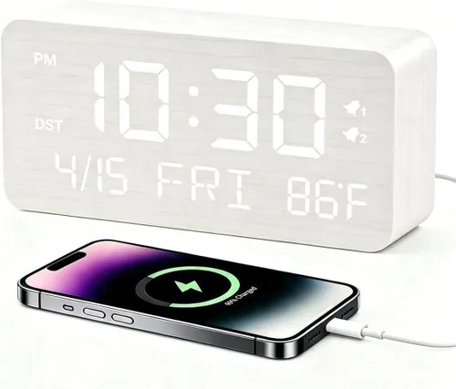 Vista 15 de Reloj despertador digital de madera de bambú premium con cargador de teléfono inalámbrico, puertos de carga USB duales, pantalla LED regulable