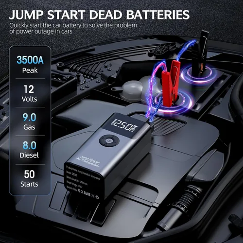 Vista 2 de Arrancador con compresor de aire, LERTIN 3500 A 150 PSI paquete de batería portátil para automóvil, para hasta 9.0 L gasolina/8.0 L motor diésel