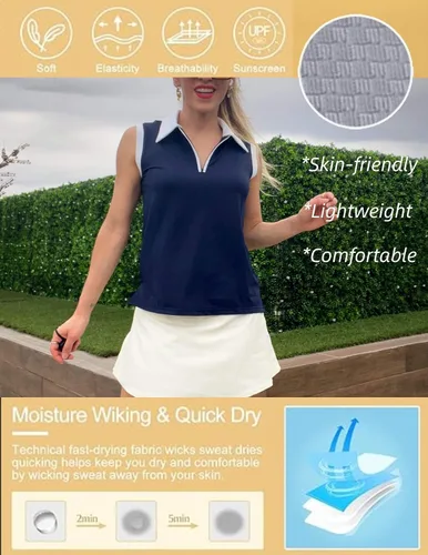 Vista 4 de HOTLOOX Camiseta polo de golf sin mangas para mujer, verano 2024, UPF 50+, cremallera, cuello en V, camiseta sin mangas S-XXL