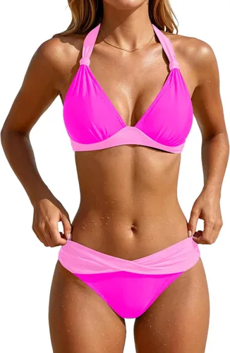 Vista 31 de Yonique Traje de baño de dos piezas para mujer, conjunto de bikini push up, traje de baño halter, traje de baño vintage Verde Aqua