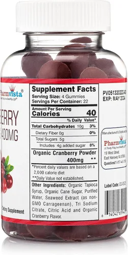 Vista 2 de Pharmvista Gomitas de arándano para niños y adultos, 400 mg, sin gluten, sin alérgenos, suplemento vegano rico en nutrientes, masticables